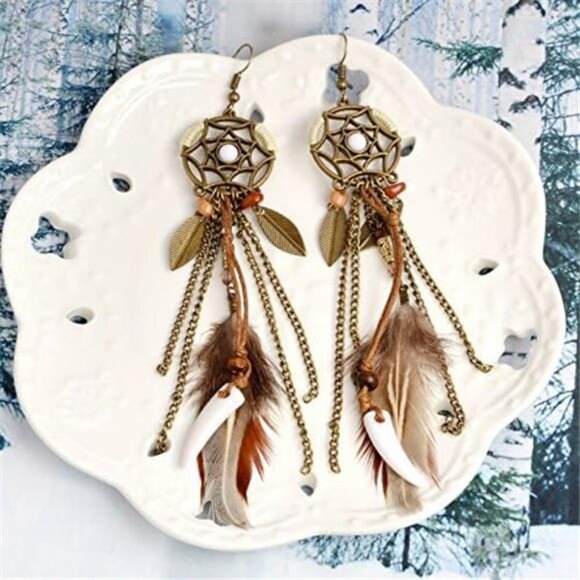 Punk Vintage Long Tassel Feather & Beads Drop Earrings - Wolf Tooth Pendant - Picture 7 of 8